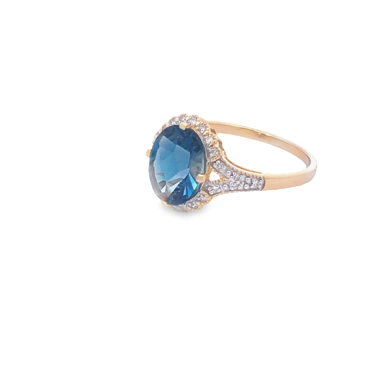 9Ct Yellow Gold Oval London Blue Topaz And Diamond Ring