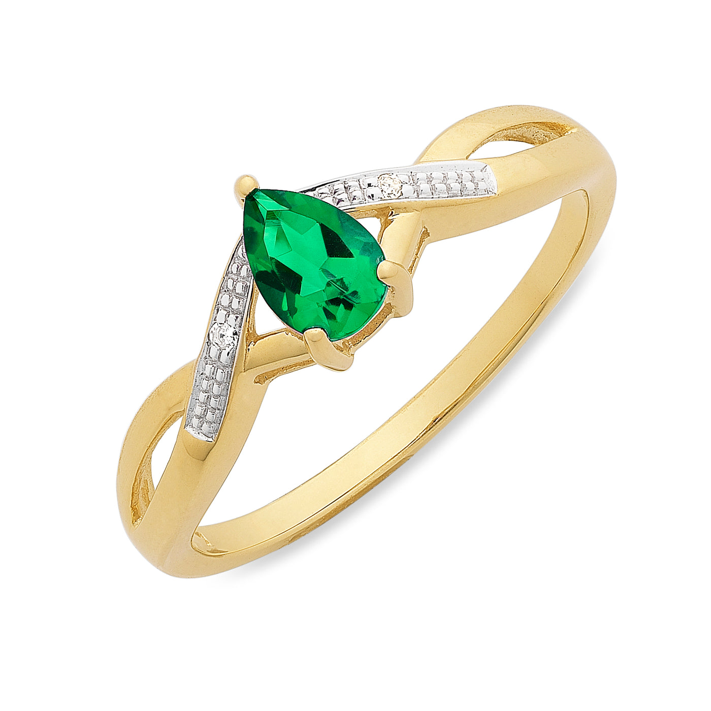 9Ct Yellow Gold Pear Shaped Created Emerald And Diamond Ring