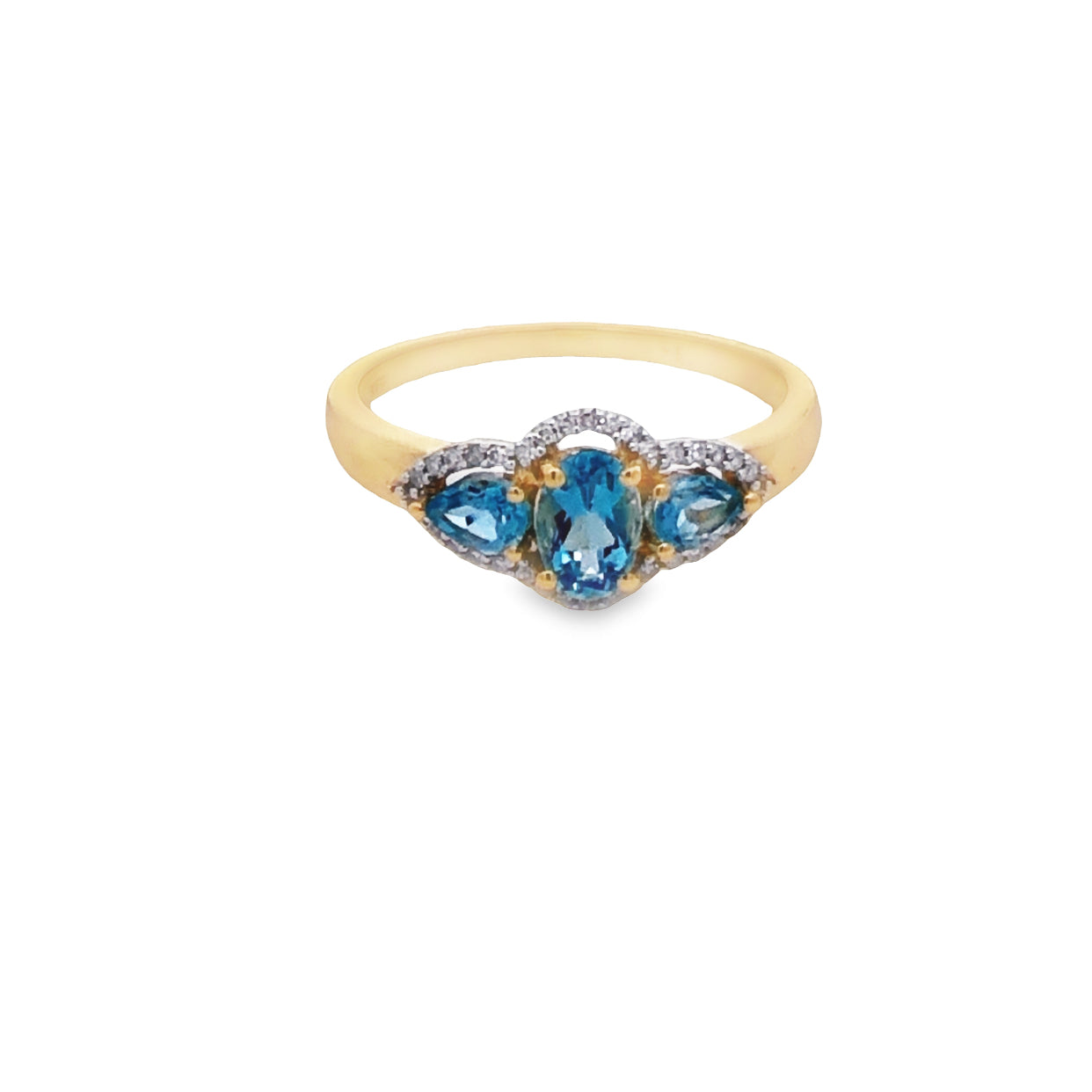 9Ct Yellow Gold 3 Stone Blue Topaz And Diamond Ring