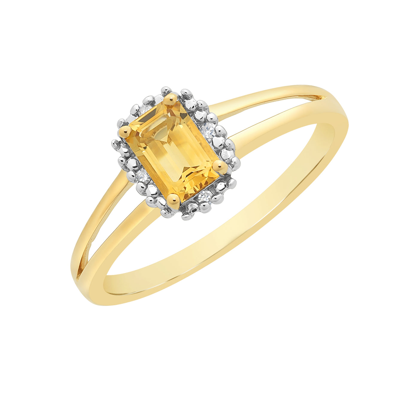 9Ct Yellow Gold Emerald Cut Citrine And Diamond Ring
