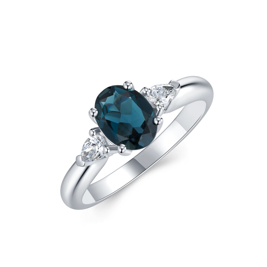 9Ct White Gold Oval London Blue Topaz And Pear Shape Lab Grown Diamond Ring Tdw=0.19Ct DE VS1