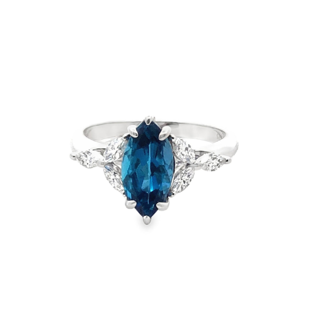 9Ct White Gold Marquise London Blue Topaz And Marquise Lab Grown Diamond Ring Tdw=0.42Ct DE VS1