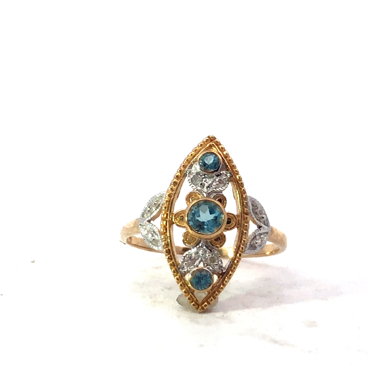 9Ct Yellow Gold Swiss Blue Topaz And Diamond Marquise Shaped Antique Style Ring