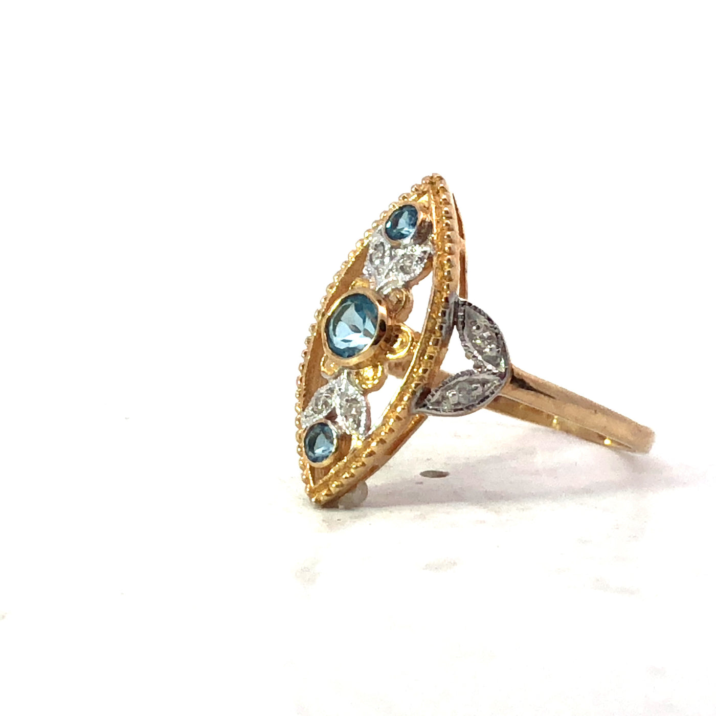 9Ct Yellow Gold Swiss Blue Topaz And Diamond Marquise Shaped Antique Style Ring