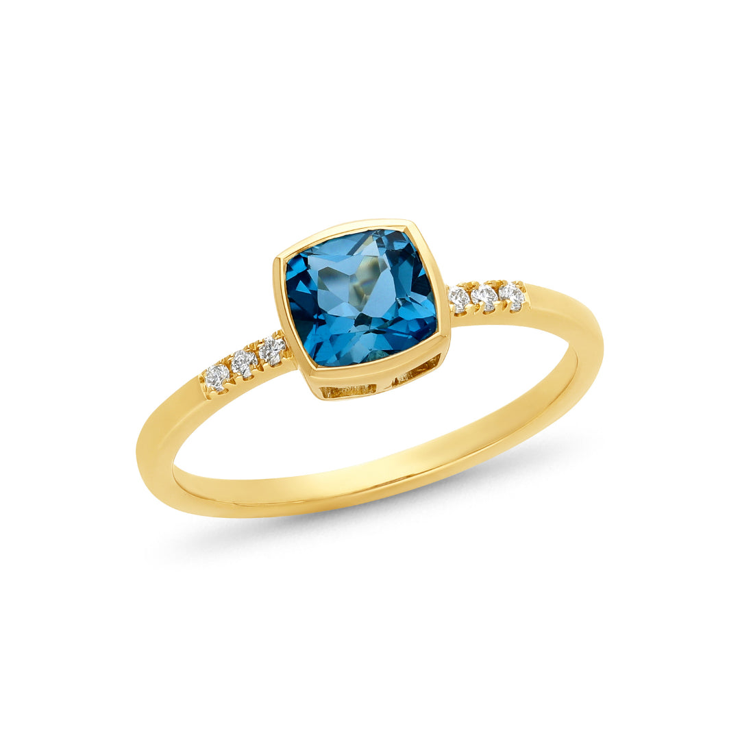 9K Yellow Gold Cushion Cut London Blue Topaz & Lab Grown Diamond Dress Ring. Bl.Tpz 6.00mm / 6=0.05ct DEF VS
