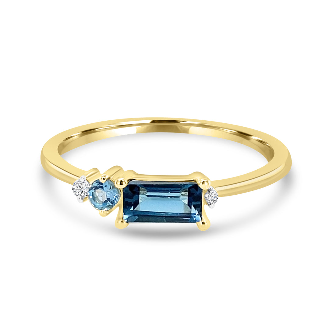 9K Yellow Gold Baguette & Round Blue Topaz & Diamond Dress Ring Tdw 0.02Ct Hi Si Size P