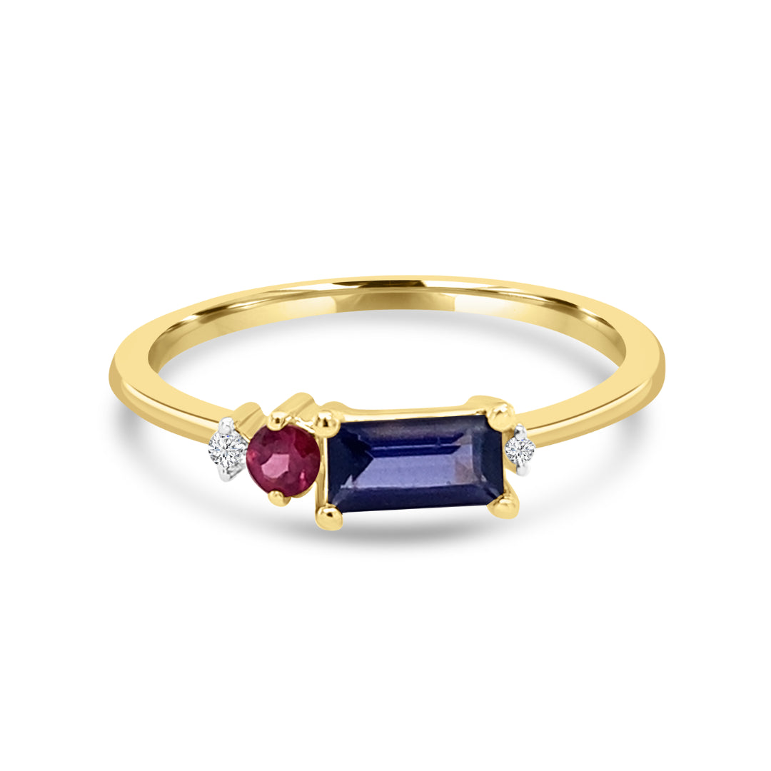9K Yellow Gold Baguette Iolite, Round Rhodolite Garnet & Diamond Dress Ring Tdw 0.02Ct Hi Si Size P