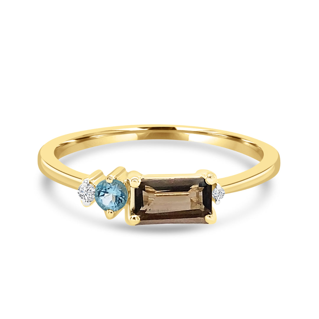 9K Yellow Gold Baguette Smokey Topaz, Round Blue Topaz & Diamond Dress Ring Tdw 0.02Ct Hi Si Size P