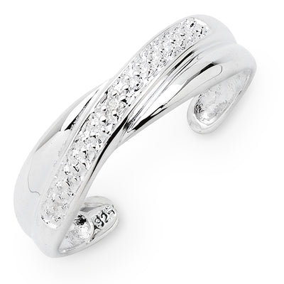 Sterling Silver Cross Over Toe Ring With One Round Diamond Bead Set In Faceted Detail