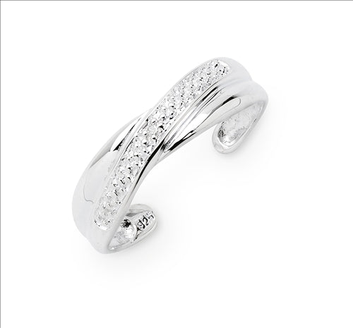 Sterling Silver Cross Over Toe Ring With One Round Diamond Bead Set In Faceted Detail