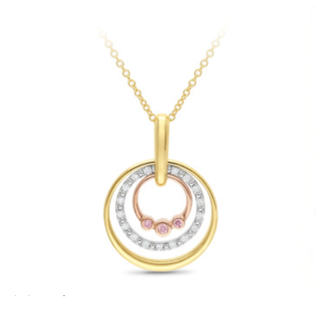9Ct Yellow, Rose And White Gold Circle Pendant With Pink And White Diamonds. Rbc White Diamonds17 X Jkl Si3 Tdw=0.06Ct, Light Pink Diamonds2 X 0.005Ct And 1 X 0.01Ct Rbc. Rio Tinto Nv Lot Number 1686507