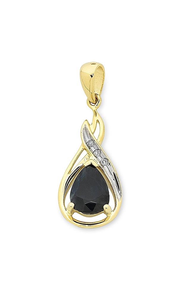 9Ct Yellow Gold 3 Claw Set Pear Shaped Sapphire And Round Brilliant Cut Pave Set Diamond Pendant