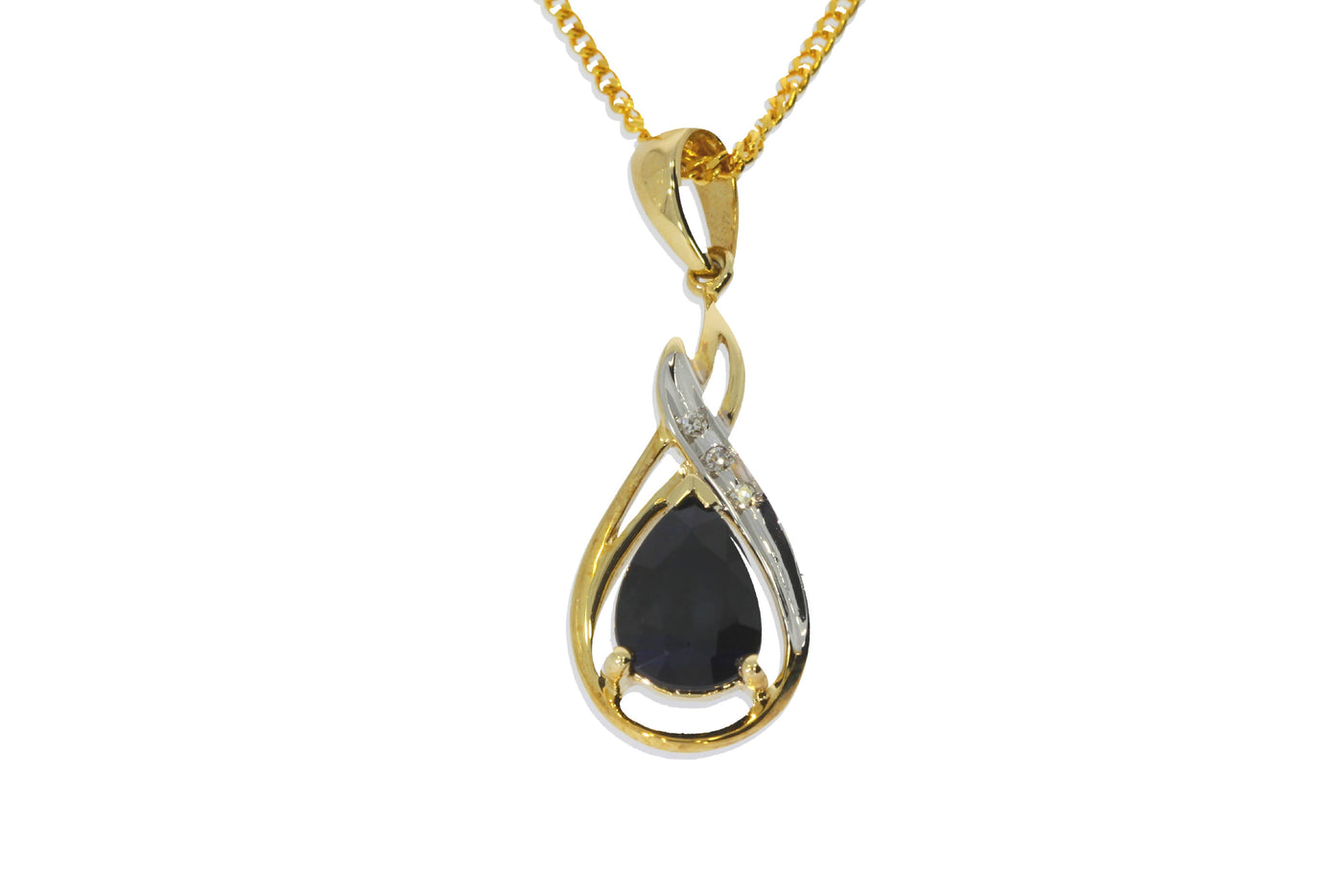 9Ct Yellow Gold 3 Claw Set Pear Shaped Sapphire And Round Brilliant Cut Pave Set Diamond Pendant