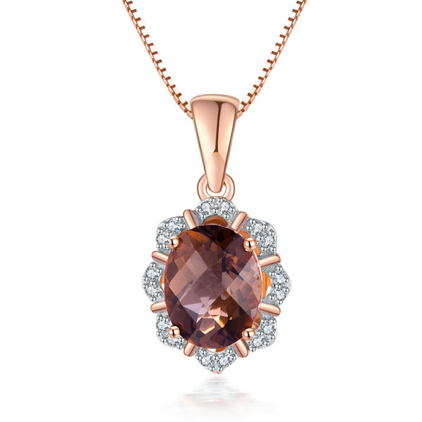 9Ct Rose Gold Oval Checkerboard Cut Smokey Quartz And Diamond Pendant