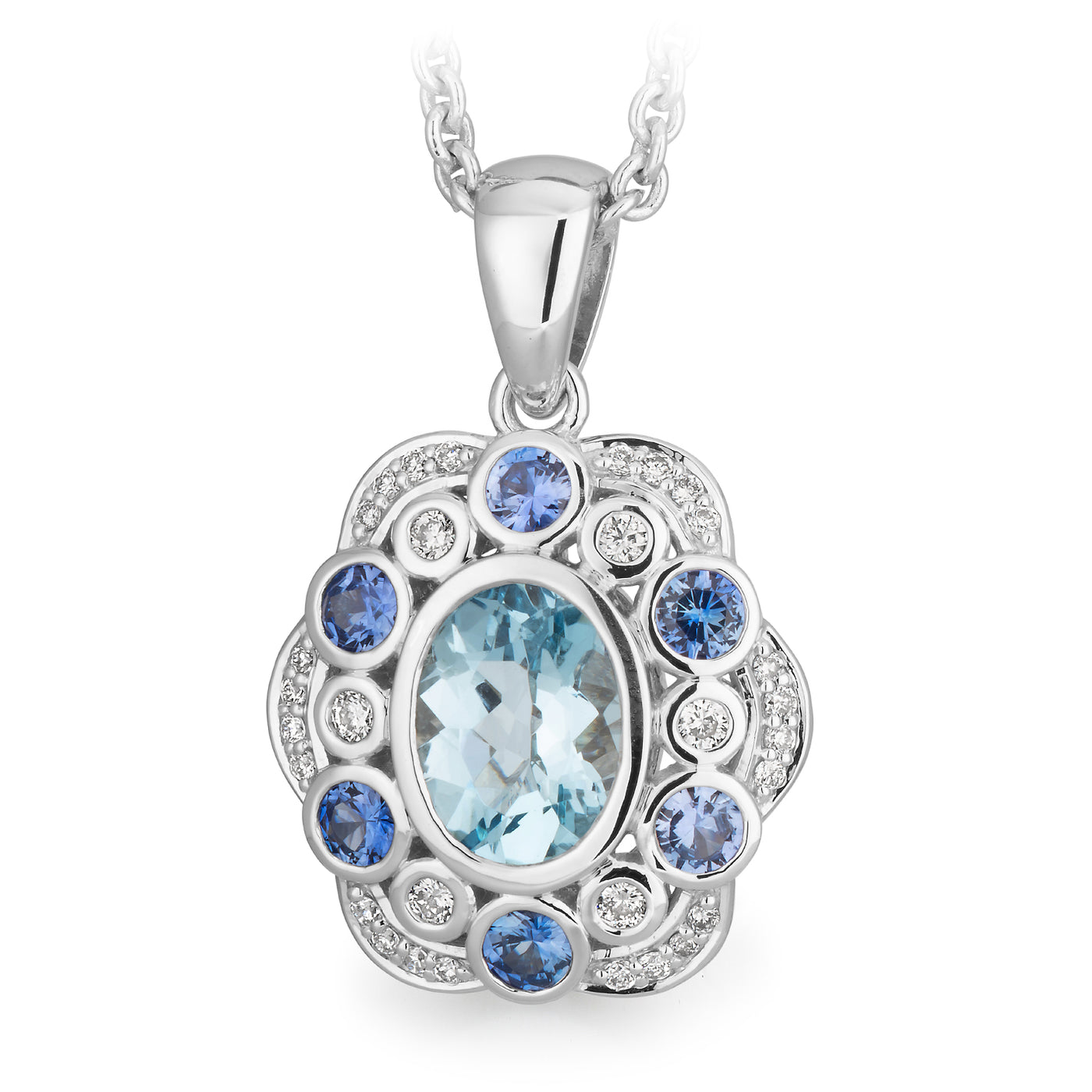 9Ct White Gold Pendant Set With Oval 1.15Ct Aquamarine, Sapphire And Diamonds