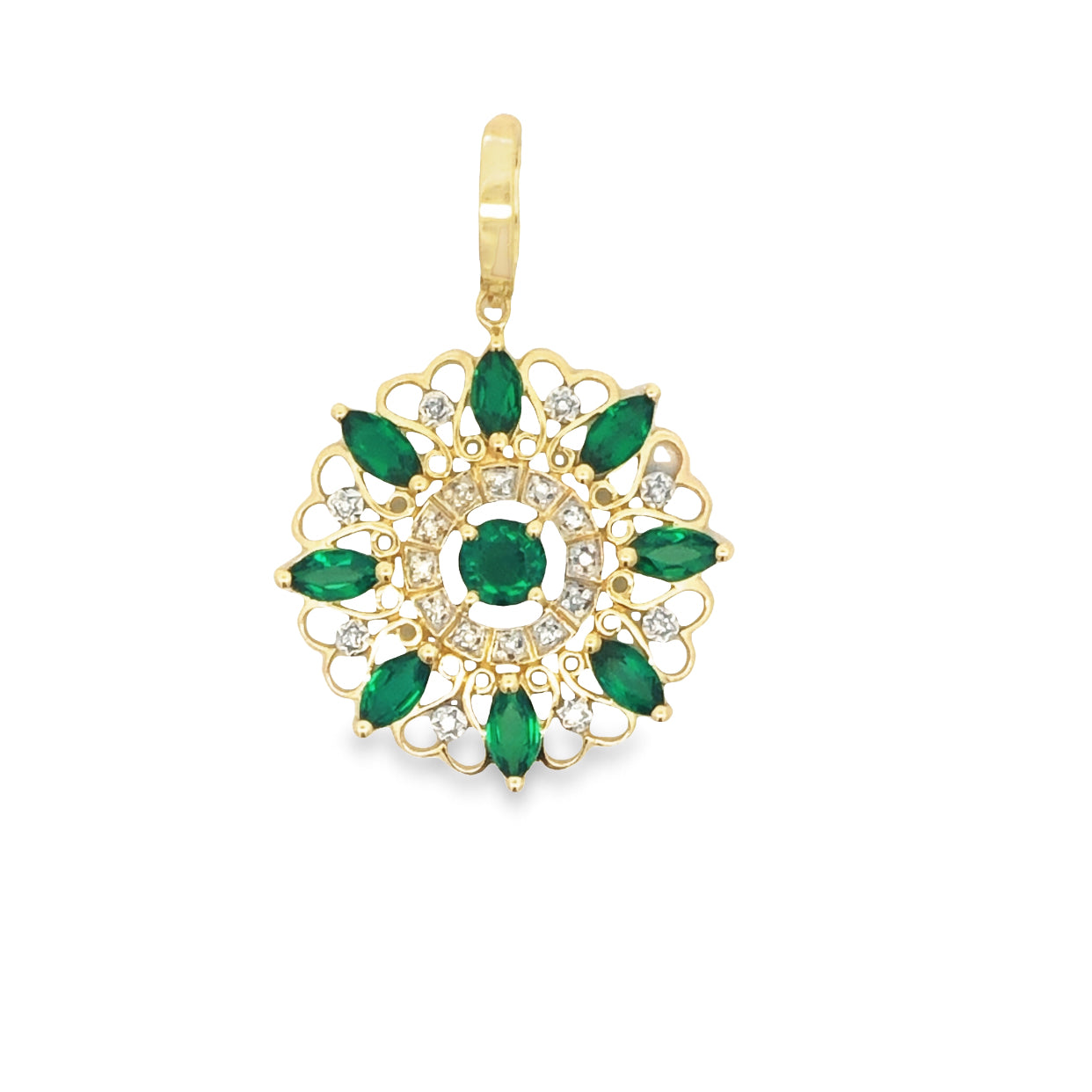 Yellow Gold Gold Created Emerald And Diamond Filigree Circle Pendant