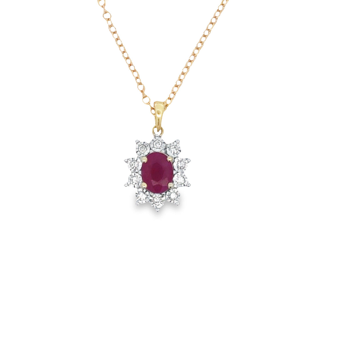10Ct Yellow Gold Ruby And Illusion Set Diamond Cluster Pendant