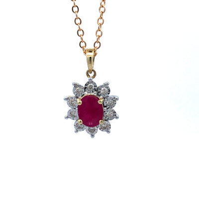 10Ct Yellow Gold Ruby And Illusion Set Diamond Cluster Pendant