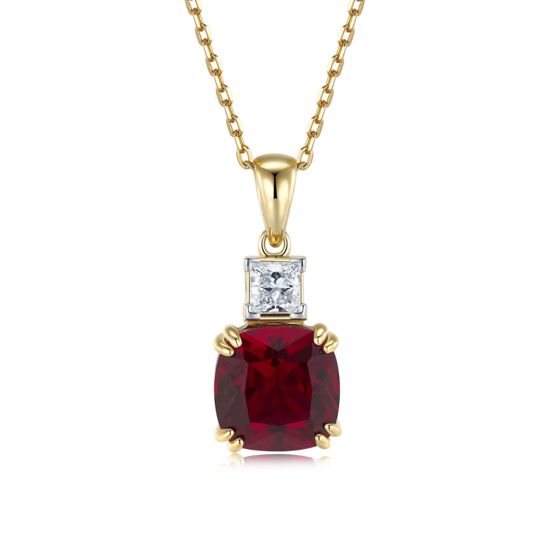 9Ct Yellow Gold Cushion Created Ruby And Square Lab Grown Diamond Pendant Tdw=0.28Ct DE VS1