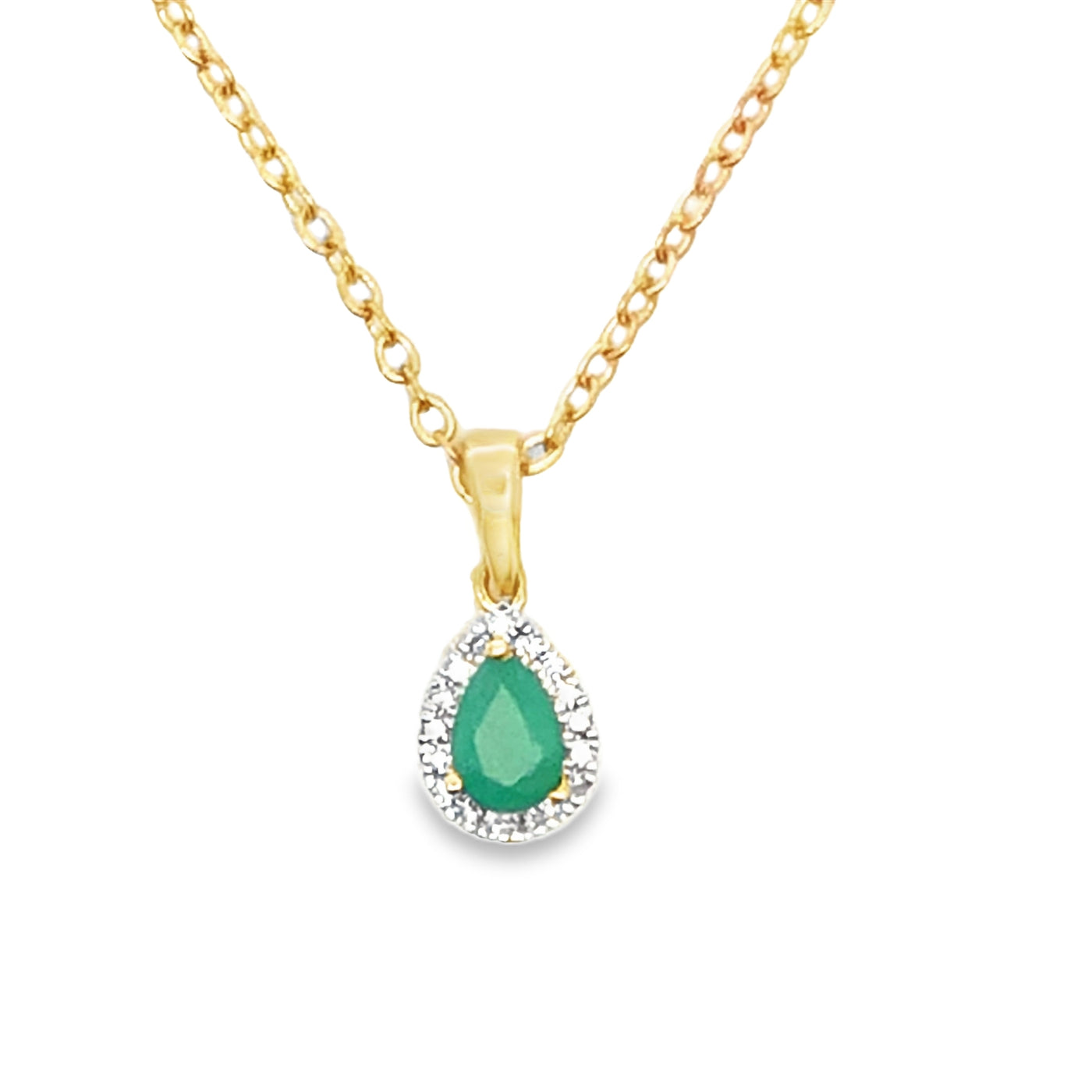 10Ct Yellow Gold Natural Pear Shaped Emerald And Diamond Halo Pendant