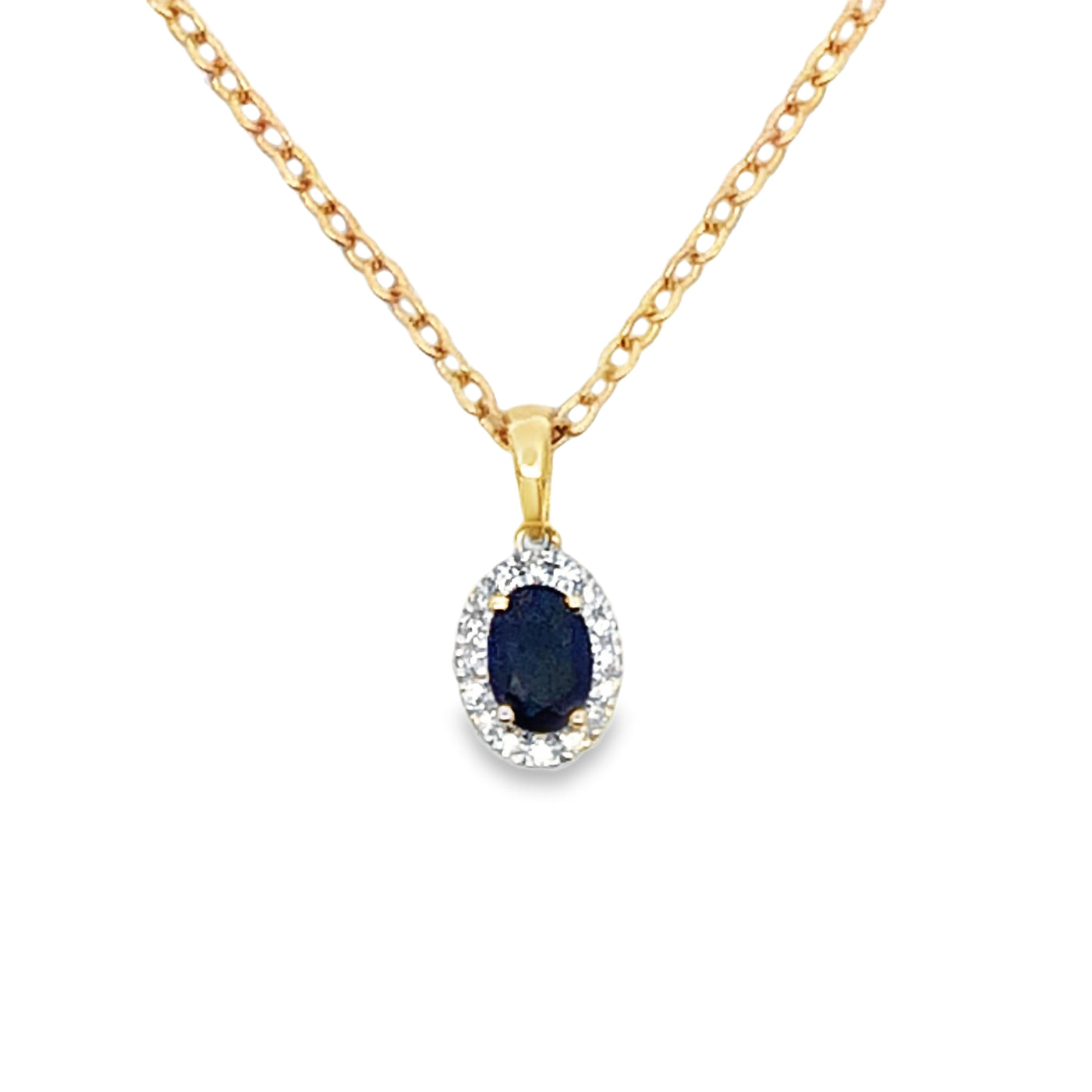 10Ct Yellow Gold Natural Oval Shaped Sapphire And Diamond Halo Pendant