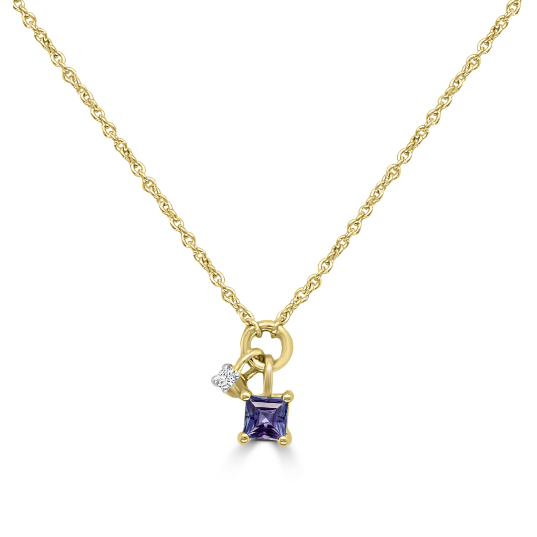 9K Yellow Gold Princess Iolite & Diamond Necklet Tdw 0.01Ct Hi Si 40-45Cm