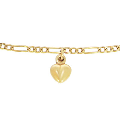 9Ct Yellow Gold Silver Filled 3+1 Figaro Anklet With 5 Heart Charms