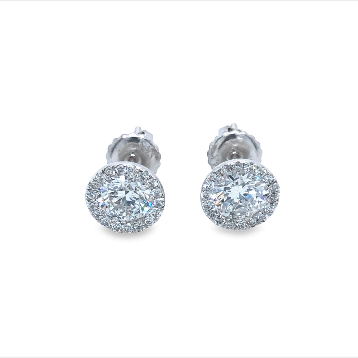 14Ct White Gold Lab Grown Round Brilliant Cut Halo Diamond Martini Studs TDW 1.10Ct EVS Has GS Lab Cert