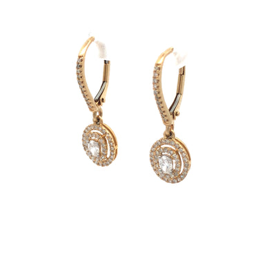 14Ct Yellow Gold Diamond Oval Halo Drop Earrings With Continental Hooks