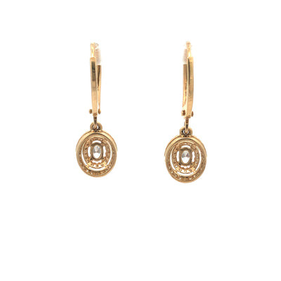 14Ct Yellow Gold Diamond Oval Halo Drop Earrings With Continental Hooks