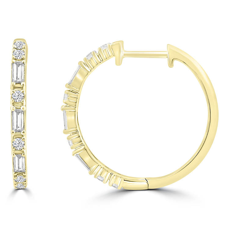 18Ct Yellow Gold 0.45Ct F Vs2 Baguette/Round Lab Grown Diamond Hoop Earrings