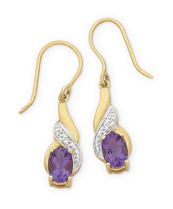 9 carat yellow gold drop earrings with one oval amethyst and one round diamond