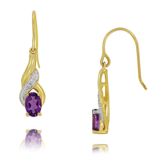 9 carat yellow gold drop earrings with one oval amethyst and one round diamond