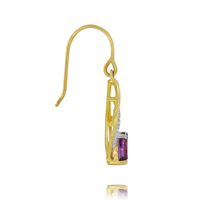 9 carat yellow gold drop earrings with one oval amethyst and one round diamond