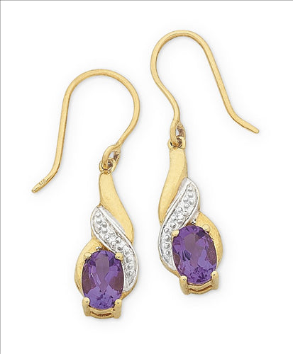 9 carat yellow gold drop earrings with one oval amethyst and one round diamond