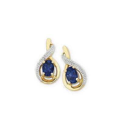 9 carat yellow gold created oval sapphire & diamond cross over teardrop shaped stud earrings