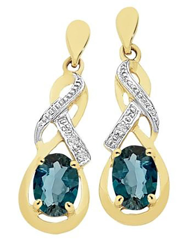 9 carat yellow stud drop earrings with oval london blue topaz 4 claw set, with round brilliant cut diamonds bead set in cross over detail