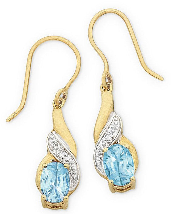 Yellow Gold Oval Blue Topaz Drop Earrings