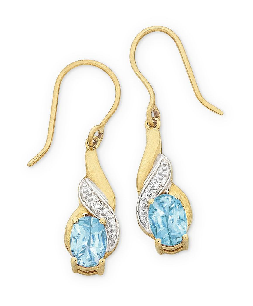 Yellow Gold Oval Blue Topaz Drop Earrings