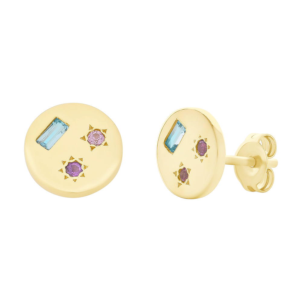 9Ct Yellow Gold Disc Set Blue Topaz, Amethyst Earrings