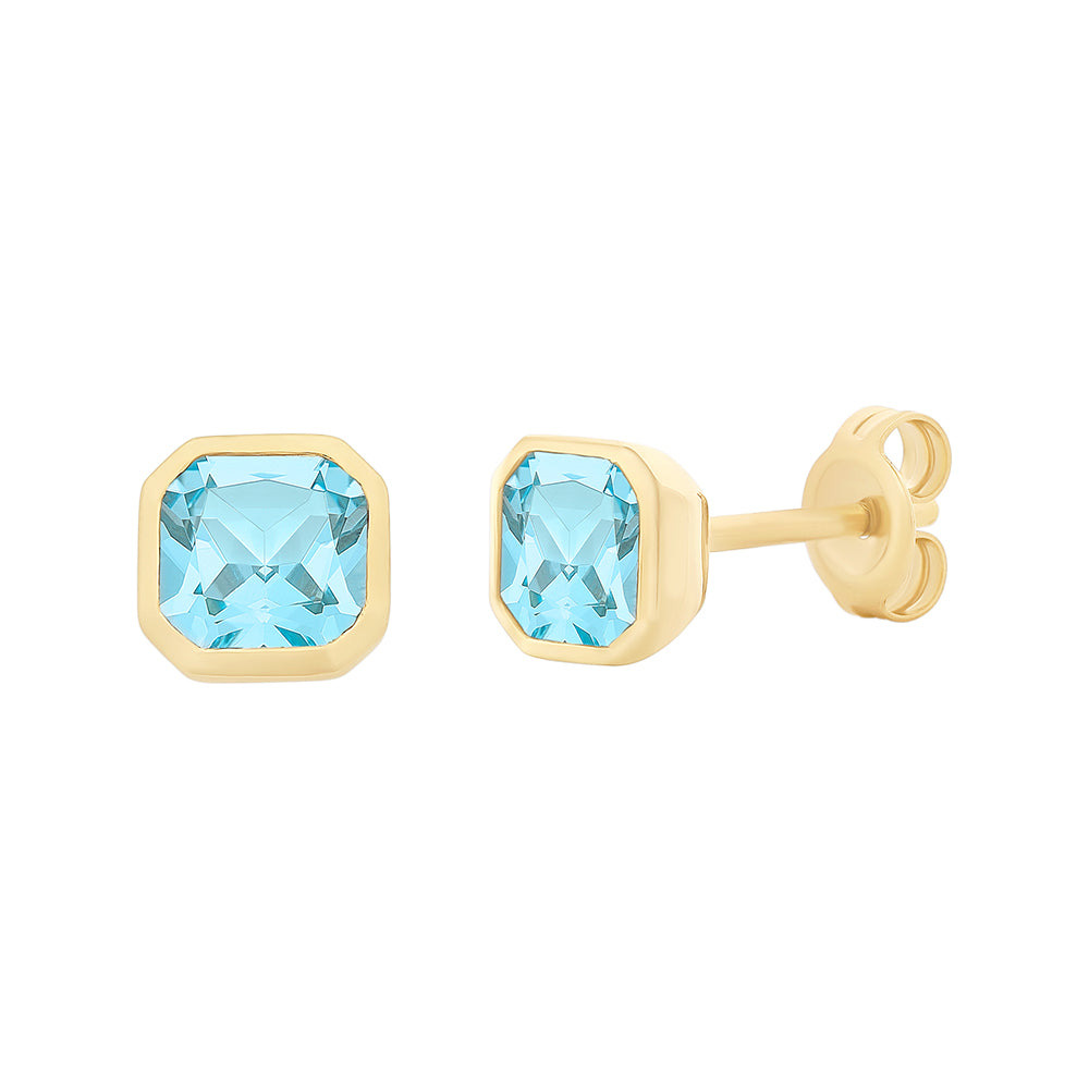 9Ct Yellow Gold Radiant Cut Blue Topaz Bezel Set Studs