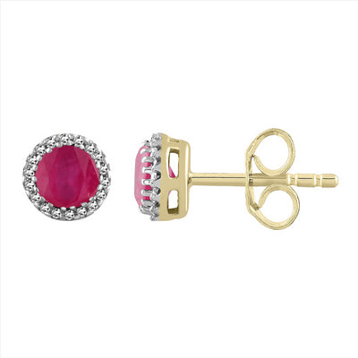 9Ct Yellow Gold Ruby And Diamond Halo Ear Stud Tdw= 0.05Ct Hi I1