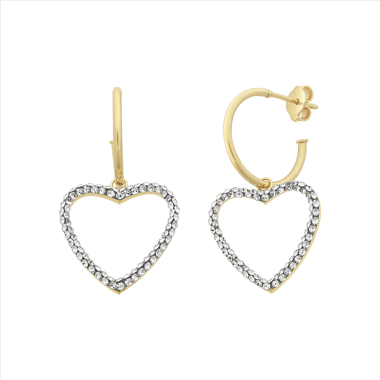 9Ct Yellow Gold Silver Filled Crystal Heart Half Hoop Stud Earring