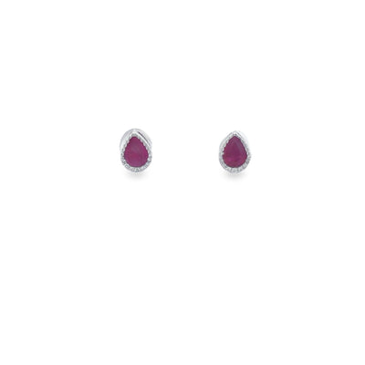 14Ct White Gold Natural Ruby And Diamond Pear Shaped Halo Studs