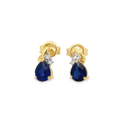 9Ct Yellow Gold Created Ceylon Sapphire And Diamond Stud Earrings