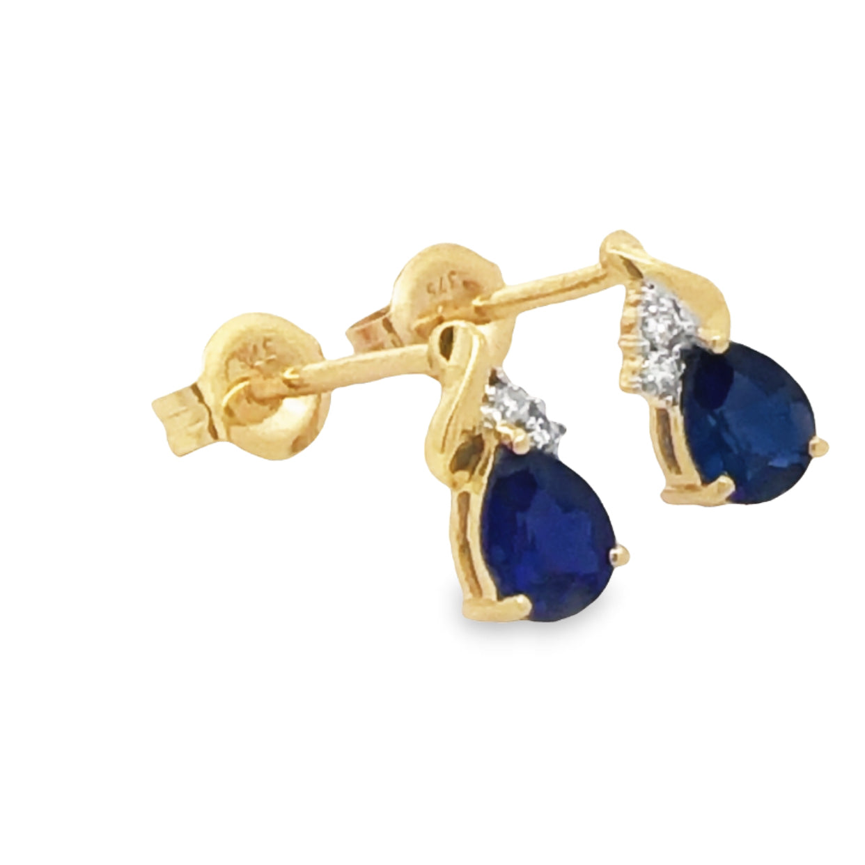 9Ct Yellow Gold Created Ceylon Sapphire And Diamond Stud Earrings