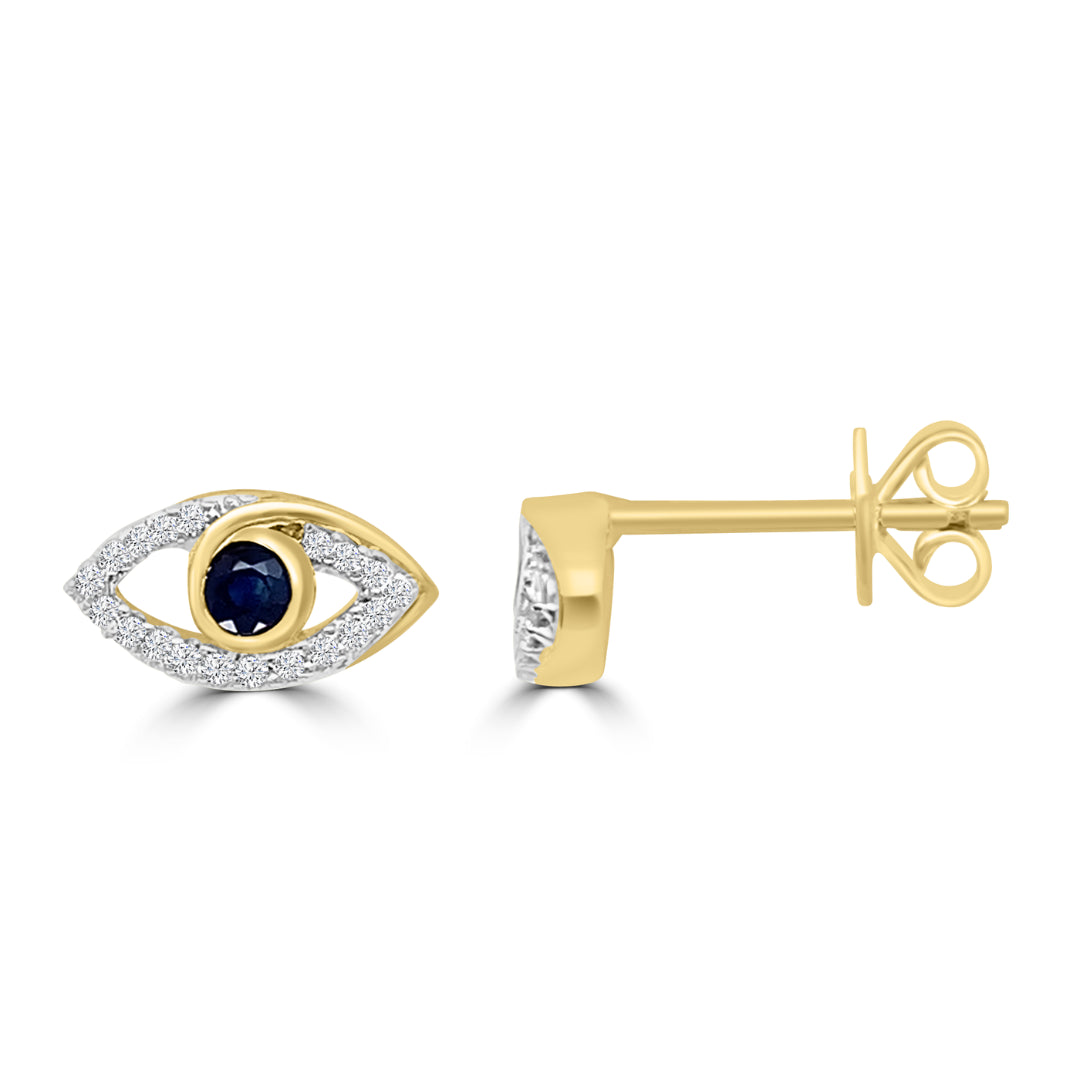 9K Yellow Gold Sapphire & Diamond Eye Stud Earrings Tdw 0.08Ct Hi Si