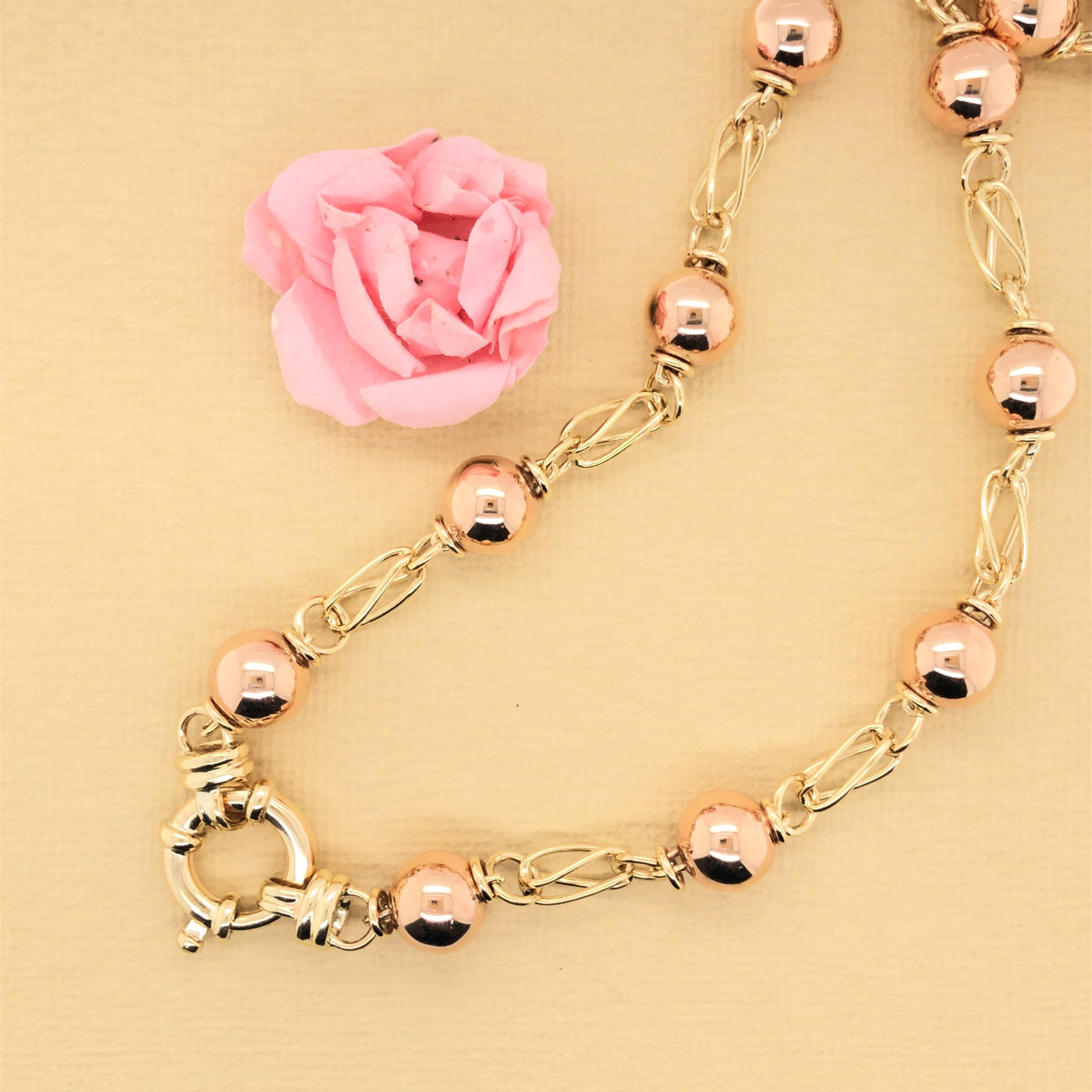 9Ct Rose Gold Ball And Yellow Gold Cage Eurobolt Necklace 44Cms