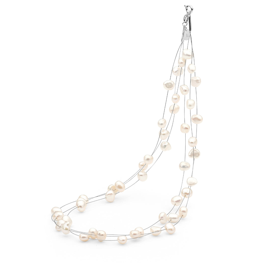 Sterling Silver Fresh White Pearl 3 Row Baroque Necklace 45Cm