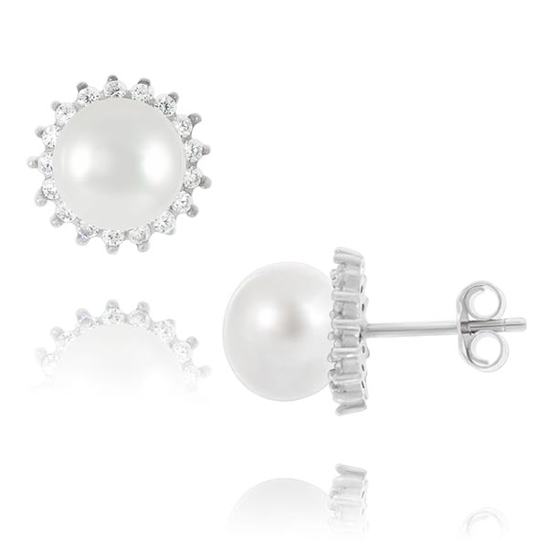 Sterling Silver Freshwater Pearl And Cz Earrings